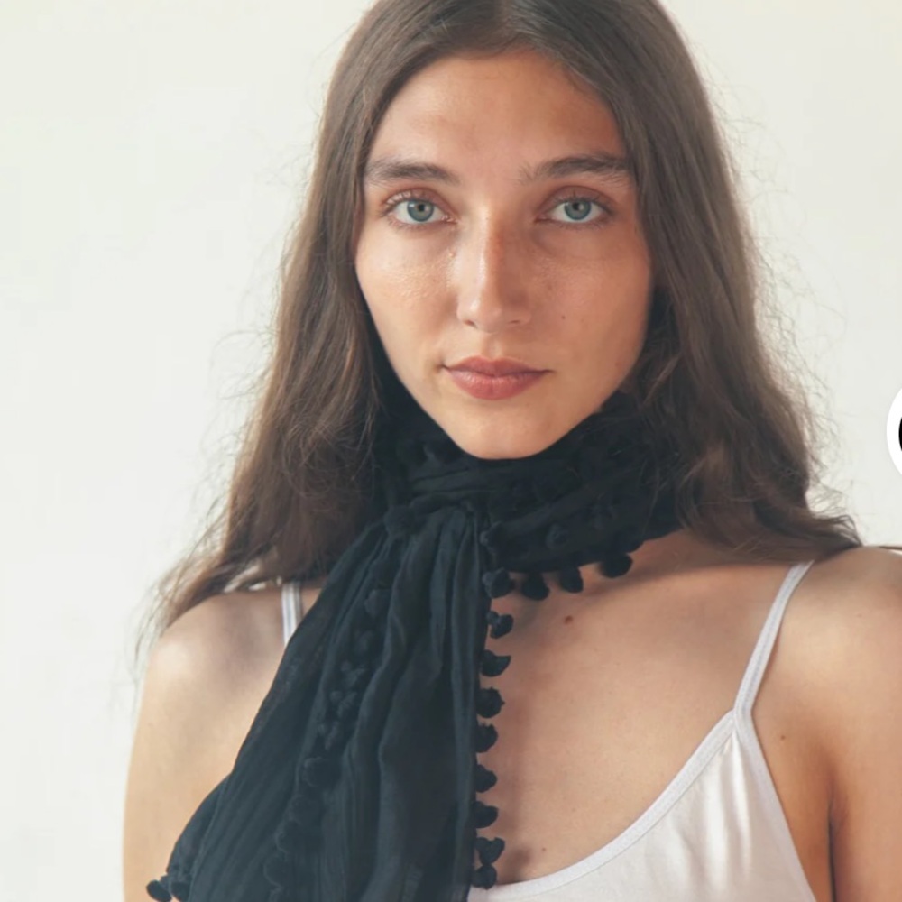 Matta,NY. Black Scarf with Pom-Pom Detail